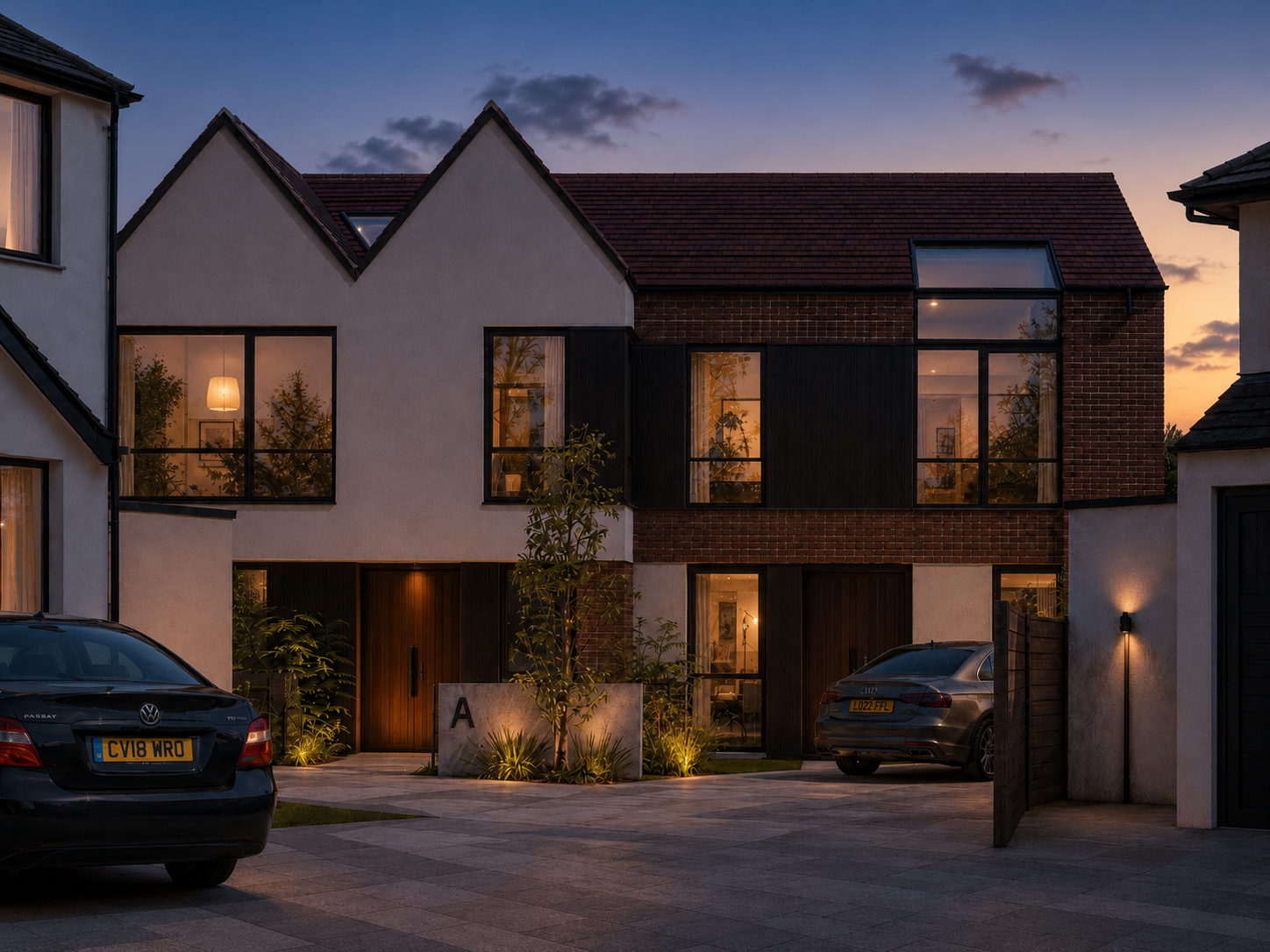 Front elevation CGI render at dusk of two luxury semi-detached homes in Wembley, designed by Salstan Architecture