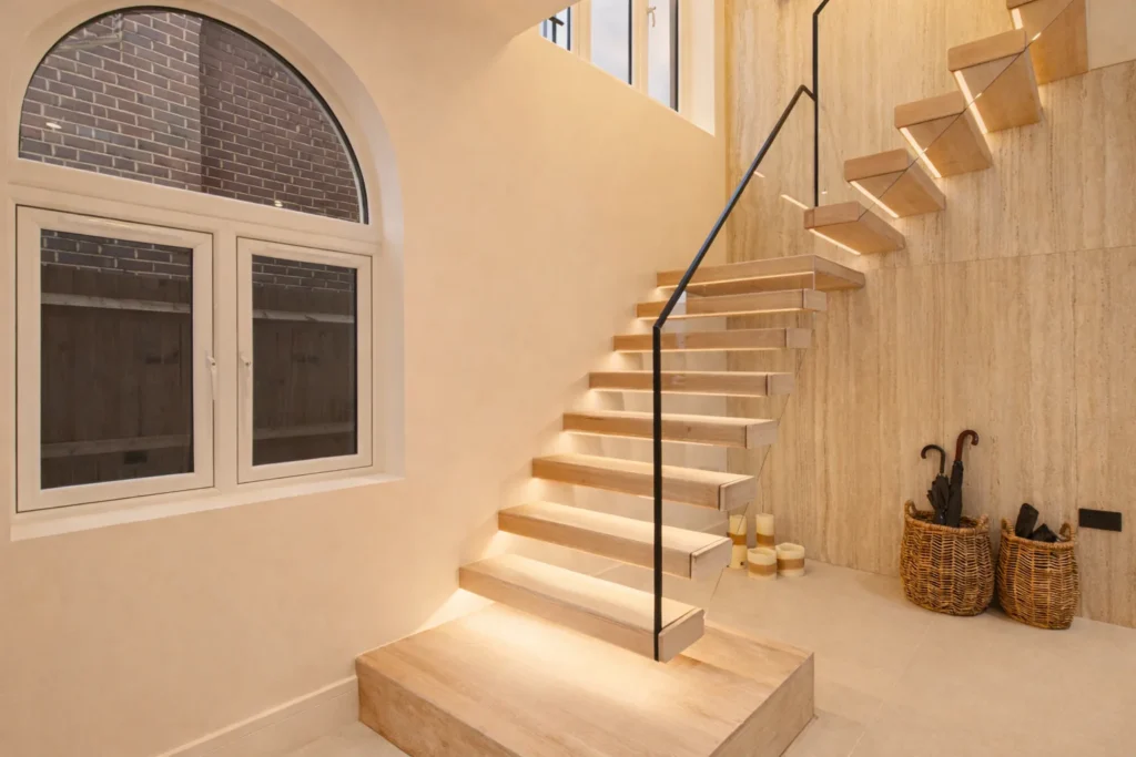 Floating oak staircase with concealed step lighting, a frameless glass balustrade and a travertine-effect feature wall in the entrance hall