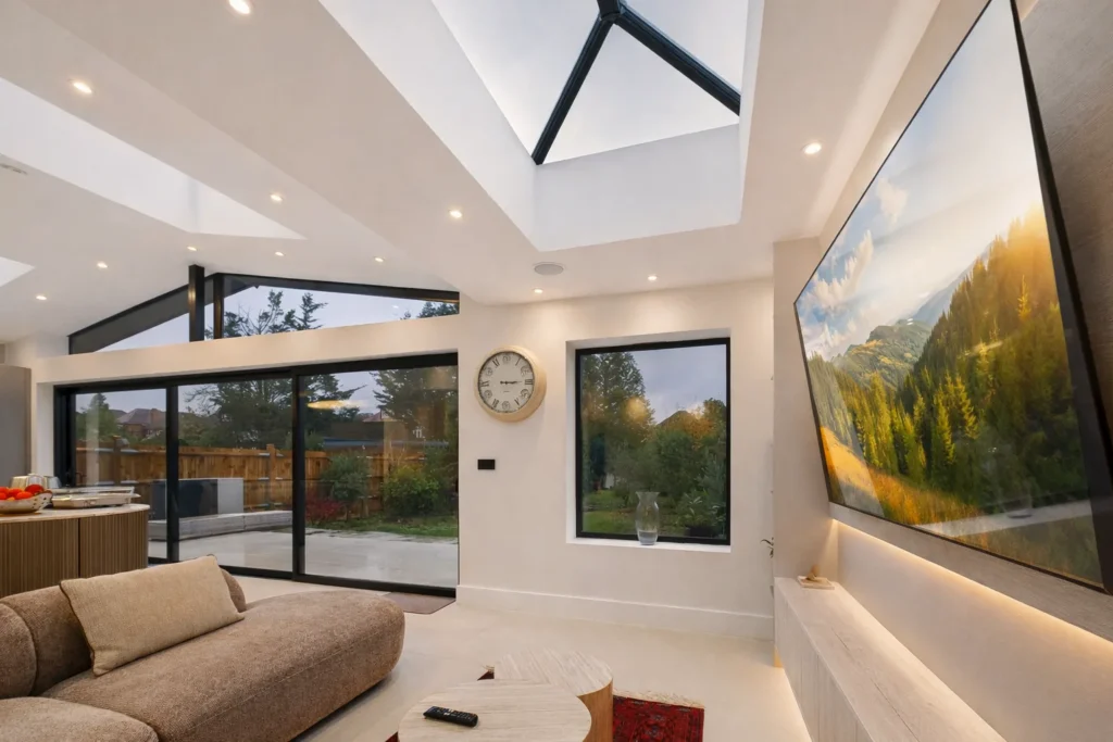 Living area with a lantern rooflight, a picture window to the garden, sliding doors and a curved sofa