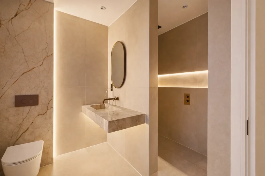 Shower room with large-format stone-effect tiles, a floating stone basin with brass tap, an oval mirror and concealed LED lighting