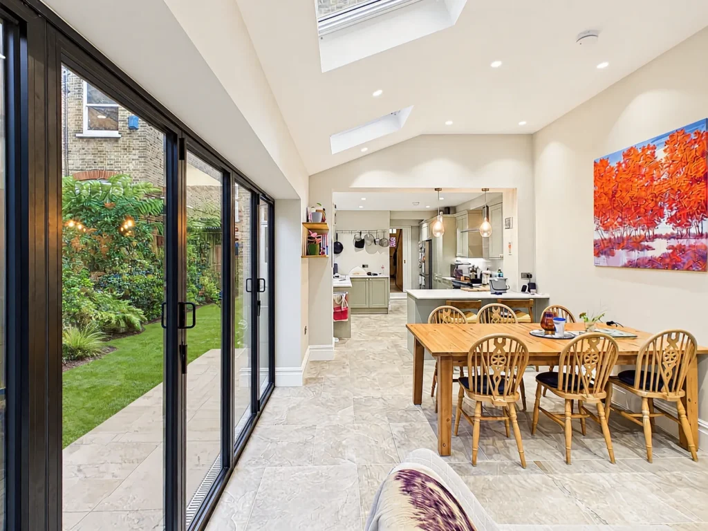 Interior of the rear extension with black aluminium glazing along the flank, a linear drain at the level threshold, a dining table and the kitchen beyond
