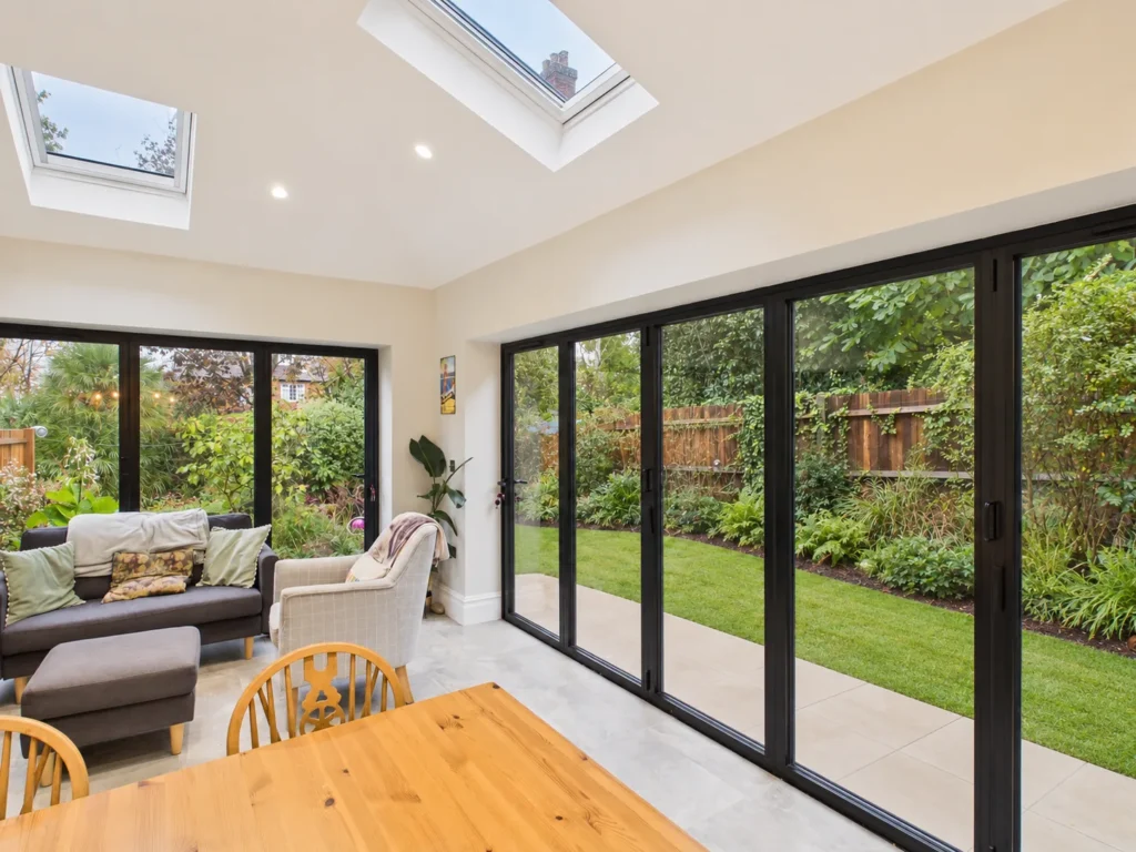 Lounge at the garden end of the extension with black aluminium bifold doors on the rear and flank elevations and two Velux rooflights above