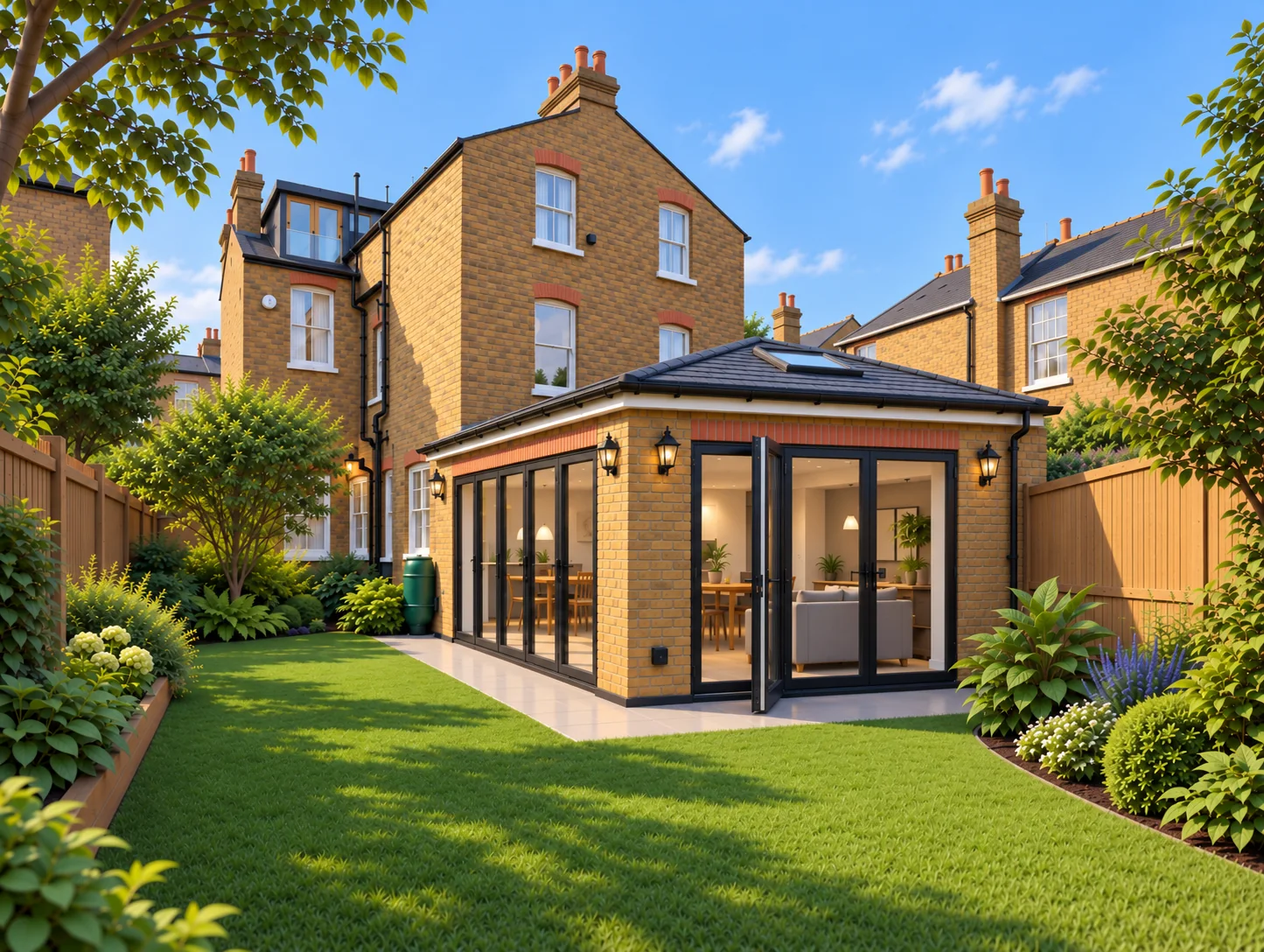 Design visualisation of the Sydenham rear extension, showing a slate roof with a rooflight and bifold doors on the flank and rear elevations